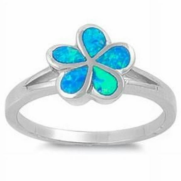 Sterling Silver Blue Synthetic Opal Plumeria Ring Sizes 6