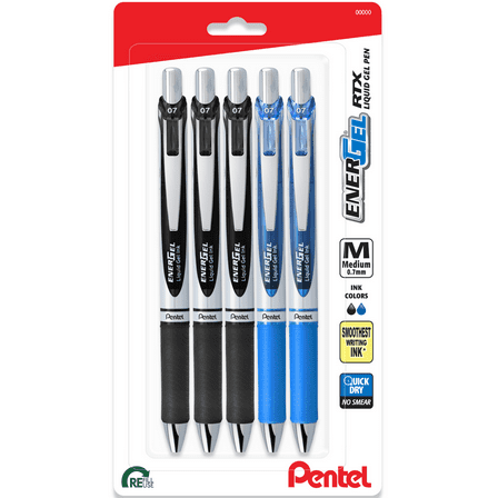 Pentel EnerGel RTX Gel Ink Pens, Medium Point, 0.7mm, Black and Blue Ink, 5 Count