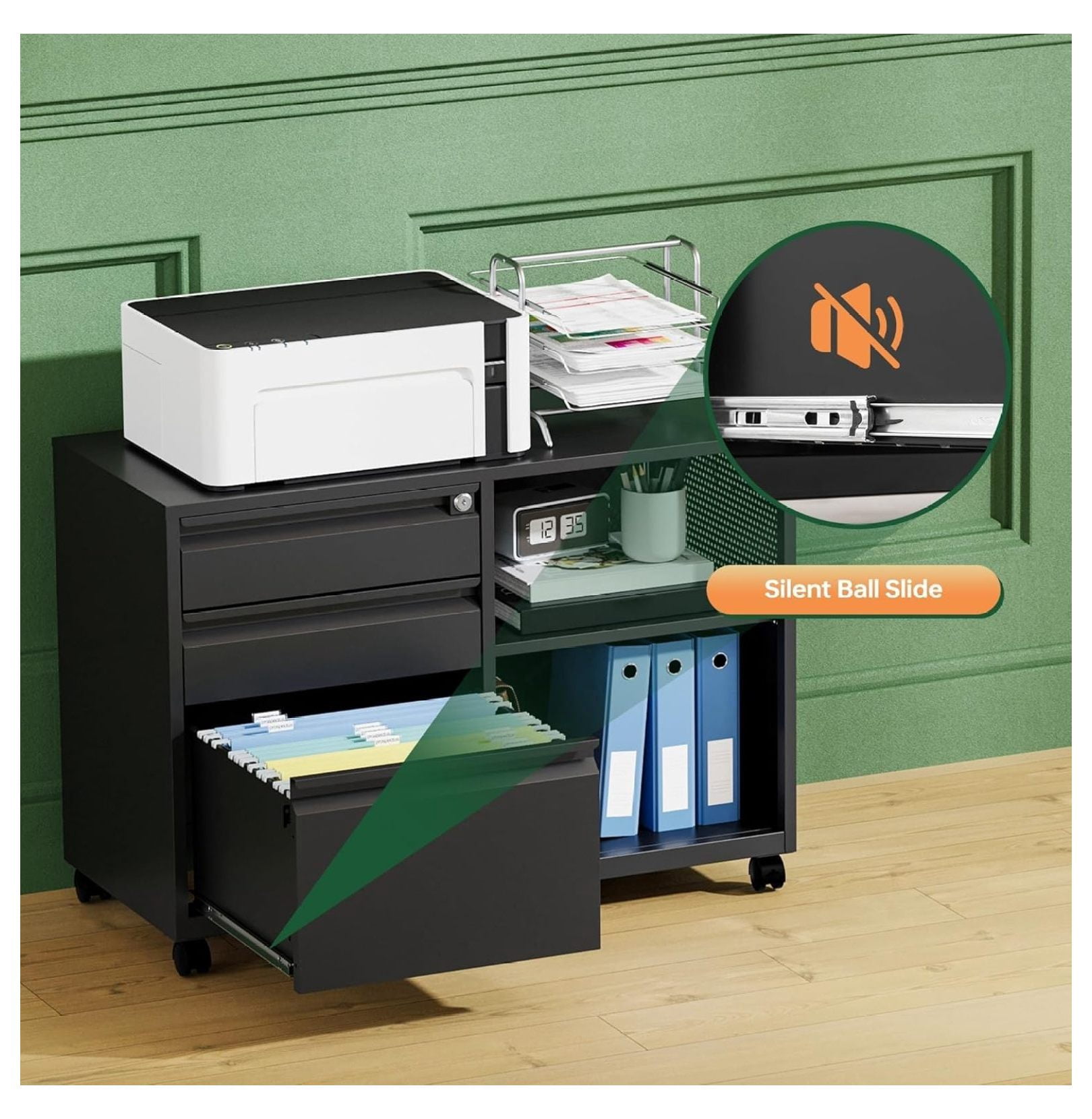 WDZS Mobile 3 Drawer File Cabinet with Lock-Metal Lateral Rolling Printer Stand Filing Cabinets for Home Office-Storage A4/F4/Letter (Black)