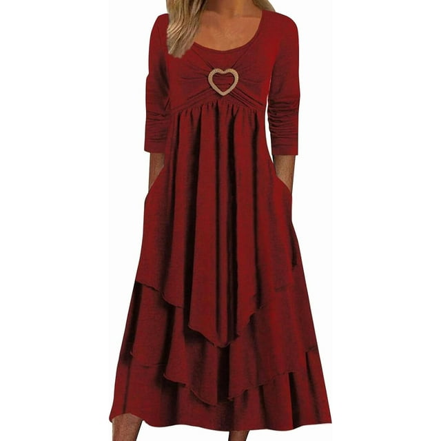 Robes de Printemps pour Femmes Décontractées Manches 3/4 Longue Robe Évasée Basique Plage Vacances Travail Maxi Robe 2025