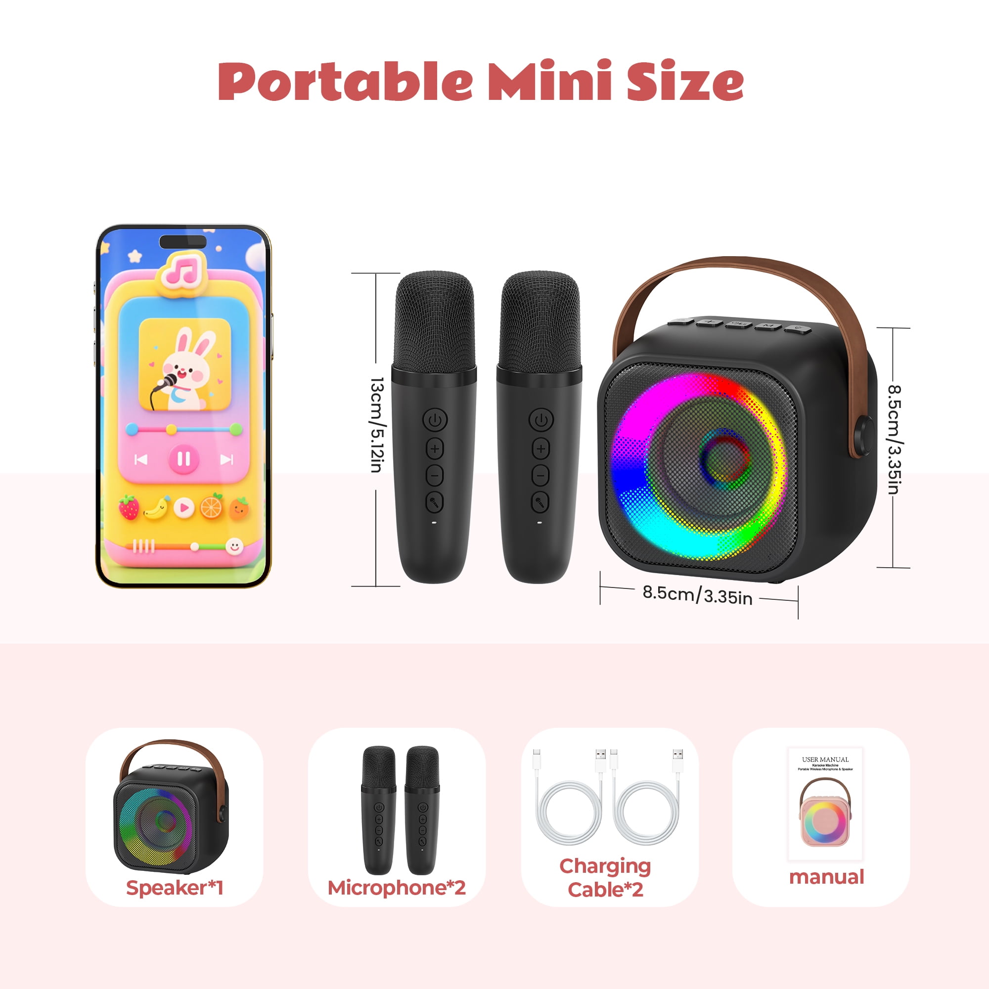 Bonaok Mini Karaoke Machine Toys, Portable Microphones for Kids Adults, Wireless Speaker Machine with LED Lights, Home Party Birthday Gifts for 3-12 Years Old Girls Boys