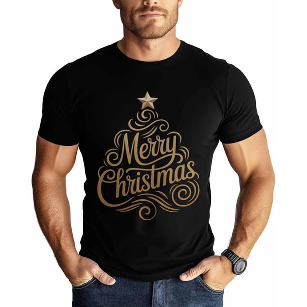 T-Shirts for Men, Merry Christmas Tree Star Crew Neck Cotton T-Shirt Men's Short Sleeve Gold Stripe Trees Texture