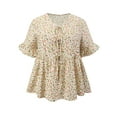 thumbnail image 5 of GRACE & GRANDEUR Women's Plus Size Ditsy Floral Blouse Tie Front V Neck Ruffle Sleeve Peplum Top Summer Babydoll Blouse 4X Beige, 5 of 7
