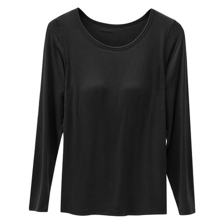 GZWYHT Big Sale! Sweatshirt for Women Fall Outfits Women s Crewneck Long Sleeve T Shirt With Breast Pad Women s Bra Cup One Underwire Pajamas Undershirt Base Fall Clothes Long Sleeve Tops Black L