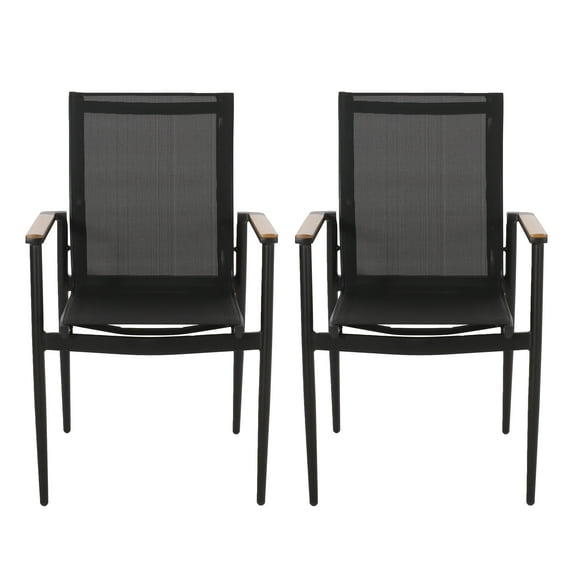 Shane Outdoor Mesh and Aluminum Dining Chairs, Black and Natural, Set of 2