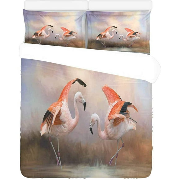 POGLIP 3 Piece Bedding Set Dancing Flamingos Twin Size Duvet Cover with 2 Pillowcase for Home Bedding Room Decoration