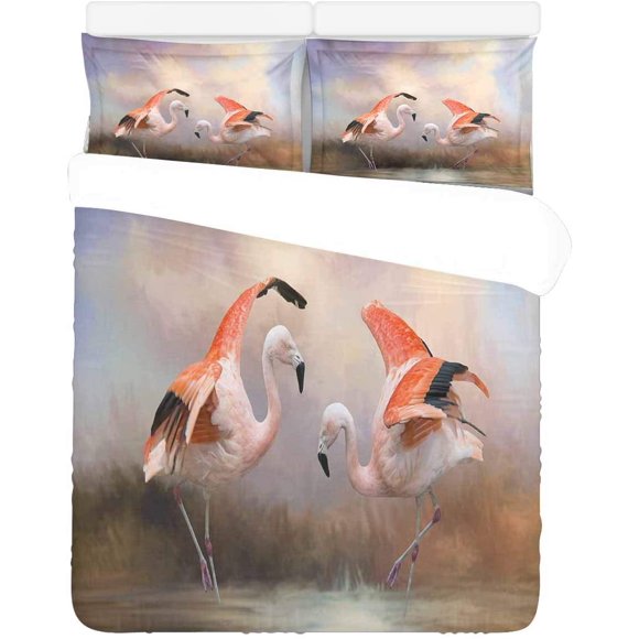 POGLIP 3 Piece Bedding Set Dancing Flamingos Twin Size Duvet Cover with 2 Pillowcase for Home Bedding Room Decoration