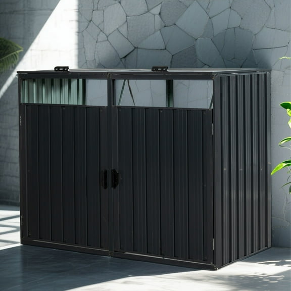 YIYADO 2-piece outdoor trash can storage shed, metal storage shed, sun-proof and waterproof, trash can protection device, suitable for roadside, courtyard, Black