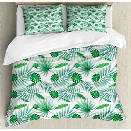 Green And White Duvet Cover Set Polynesian Aloha Watercolor Style