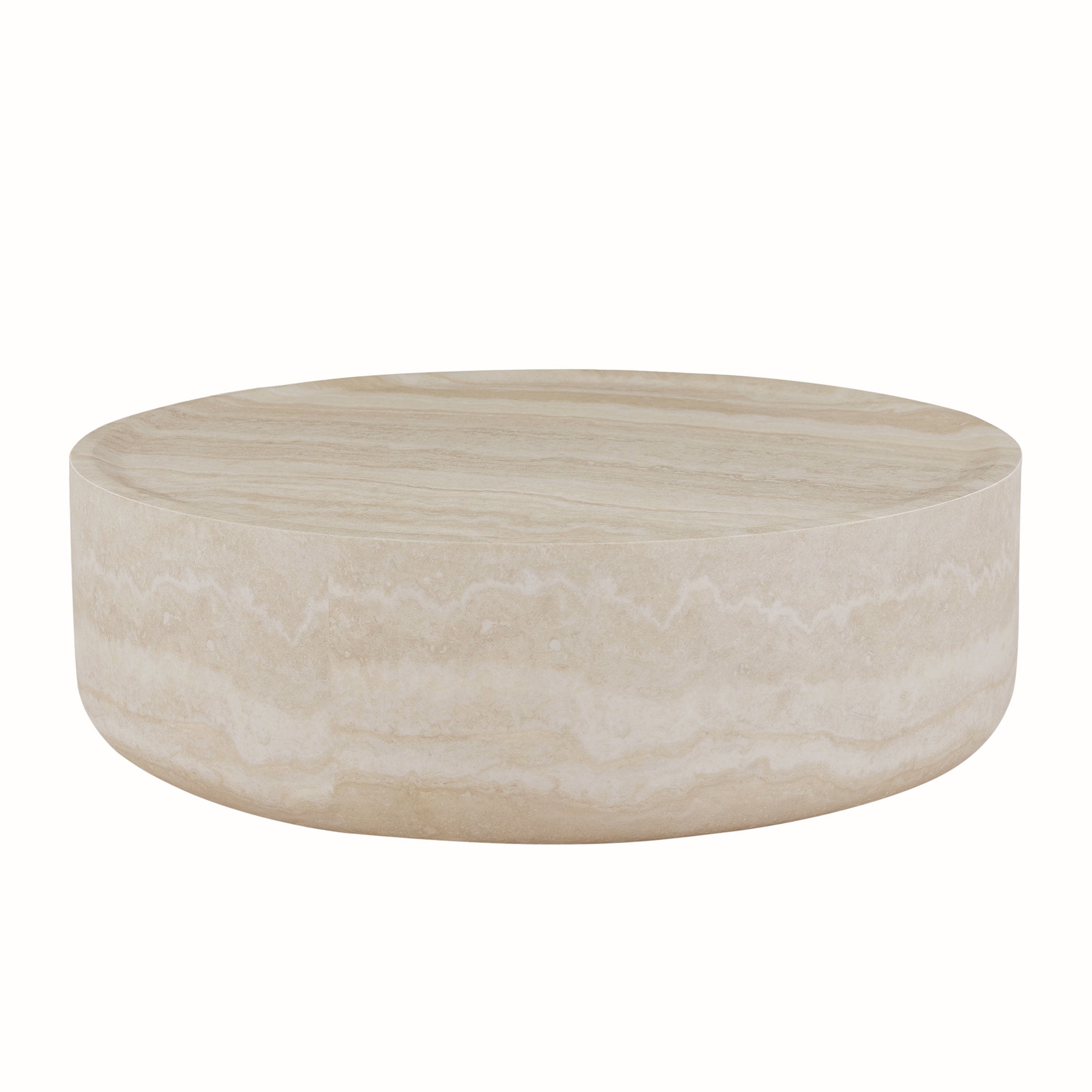 Noble House 35.43" Round Faux Travertine Coffee Table, Waterproof Fiberglass Drum Tea Table for Living Room, Beige