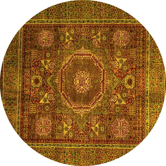 Ahgly Company Machine Washable Indoor Round Oriental Yellow Modern Area Rugs, 5' Round