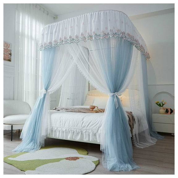 Mosquito net bed, luxurious bed canopy made of mesh & fabric, with ruffle decoration, double-layer canopy for bedroom decoration,