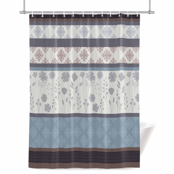 Spring Florals Bathroom Shower Curtain, Blue Brown Floral Country Farm Style Stripes Waterproof Washable Soft Bath Curtain for Bathtub Decor with 12 Hooks&Grommet, 36x78in