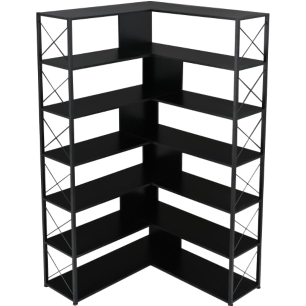 LShaped Corner Bookshelf with Open Storage and Metal Frame, Suitable