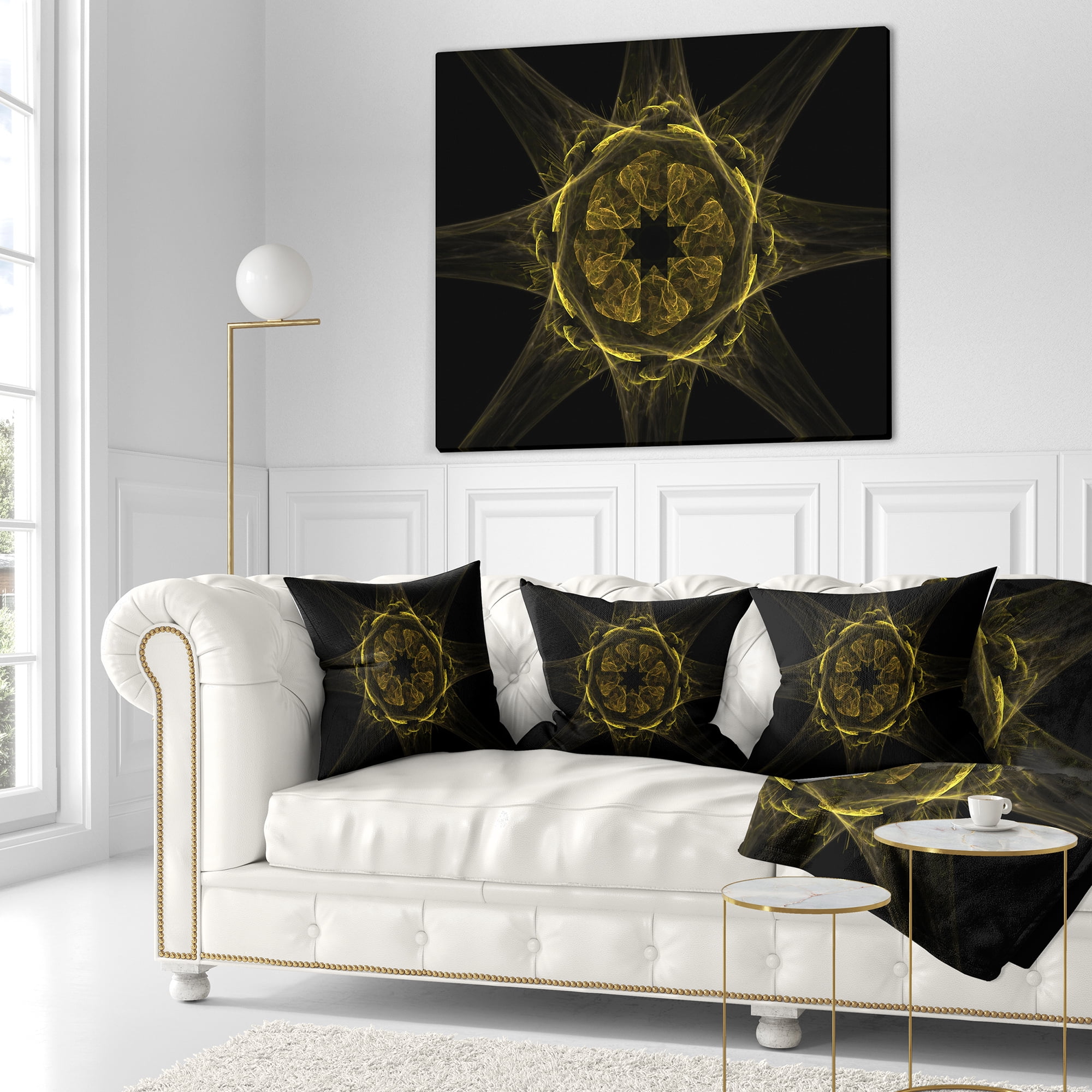 Designart Glowing Golden Radial Fractal Flower Art - Floral Throw Pillow - 16x16