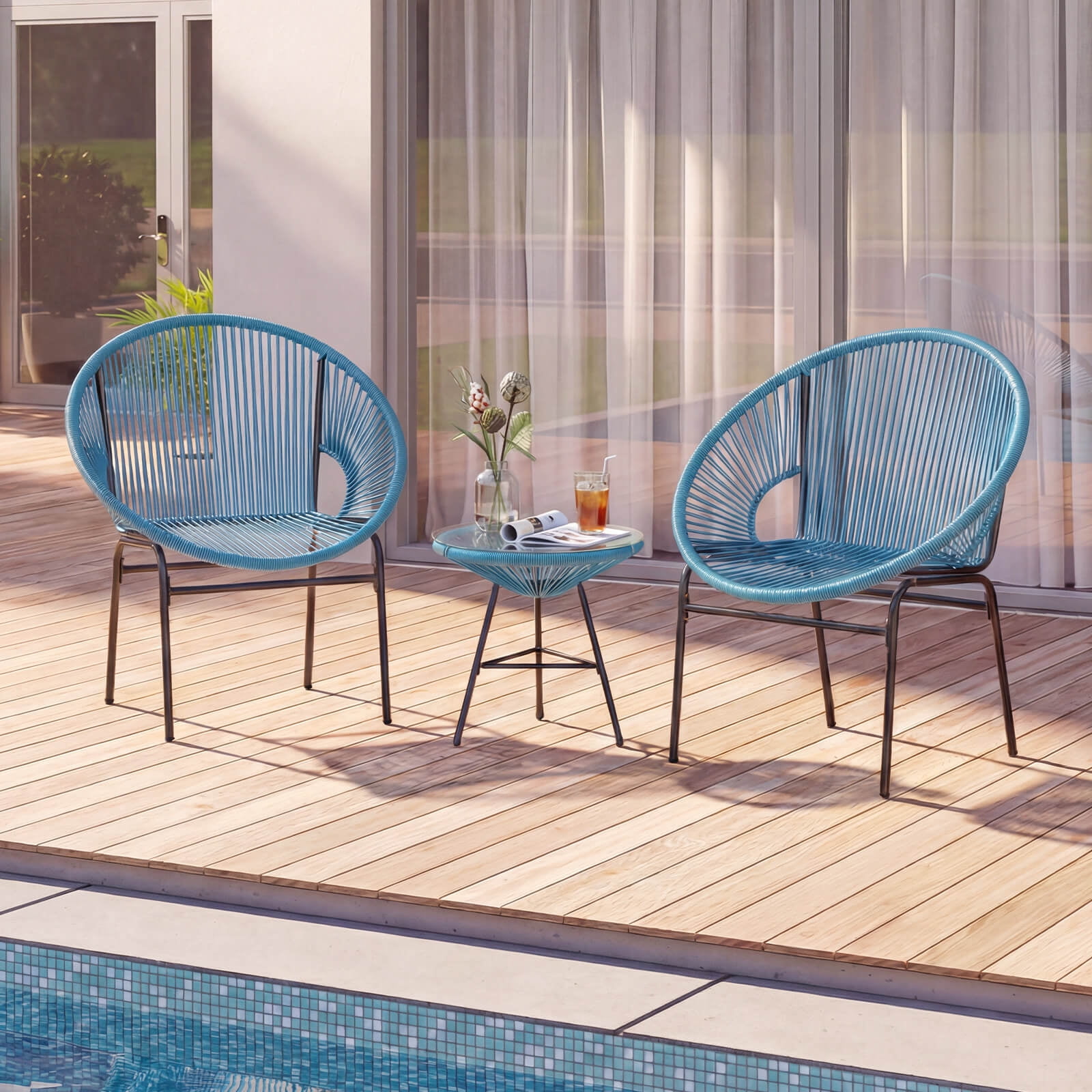 Costway 3PCS Patio Acapulco Furniture Bistro Set Plastic Rope Glass Table Turquoise