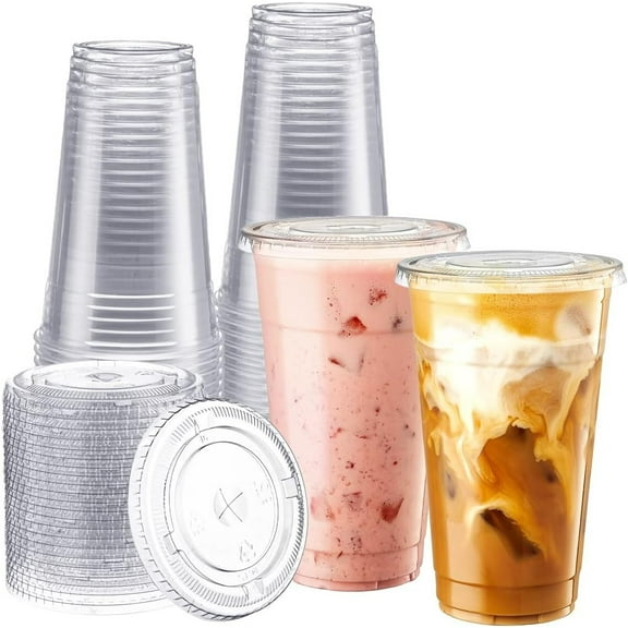 24oz Clear Plastic Cups with  Lids,Disposable Drinking Cups,Cup Ice Coffee100pcs
