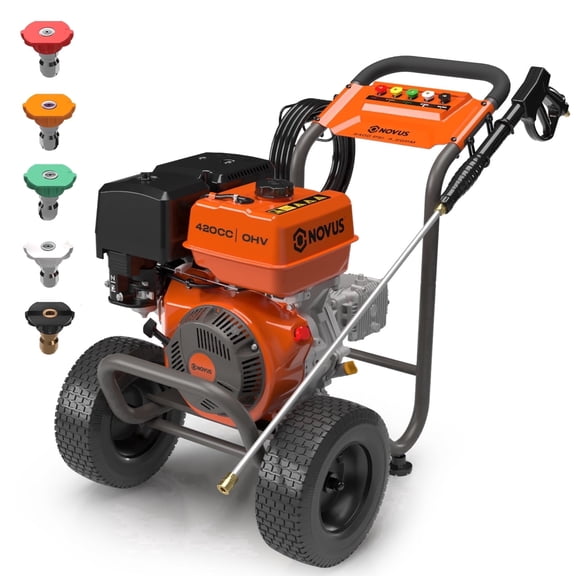 NOVUS Commercial Gas Pressure Washer 4400 PSI 4.2 GPM 420CC Engine with Industrial AR Triplex Pump 50FT Hose 5 Nozzles Spray Gun and 31" Wand