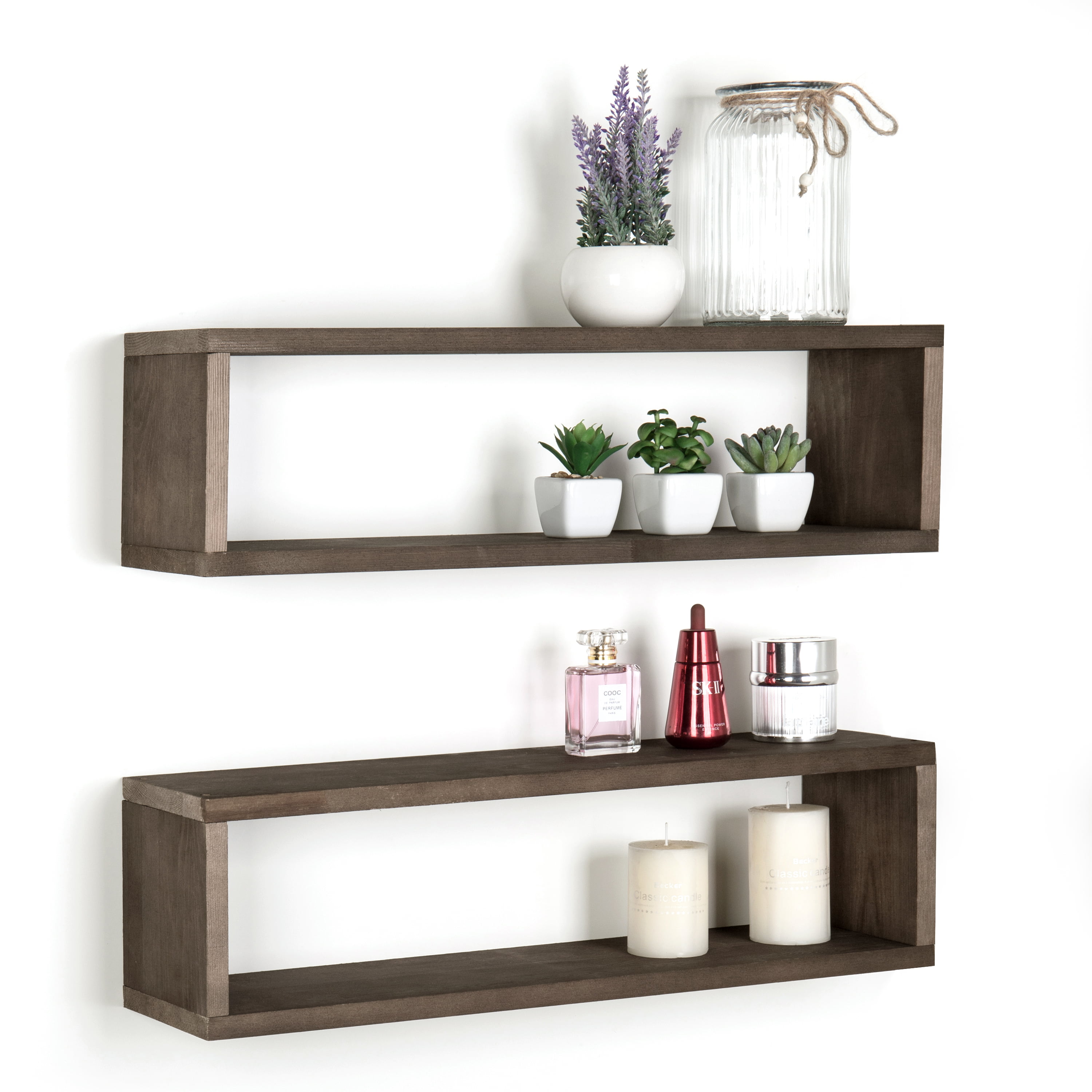 dark brown wood finish wall mounted floating shelf