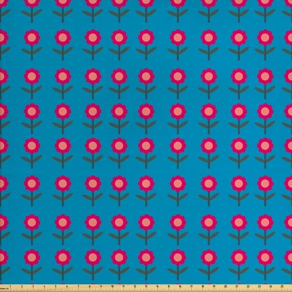 Floral Fabric by the Yard, Computer Graphics Concept of Flowers Cartoon Ornamental, Upholstery Fabric for Dining Chairs Home Decor Accents, Sea Blue Magenta by Ambesonne