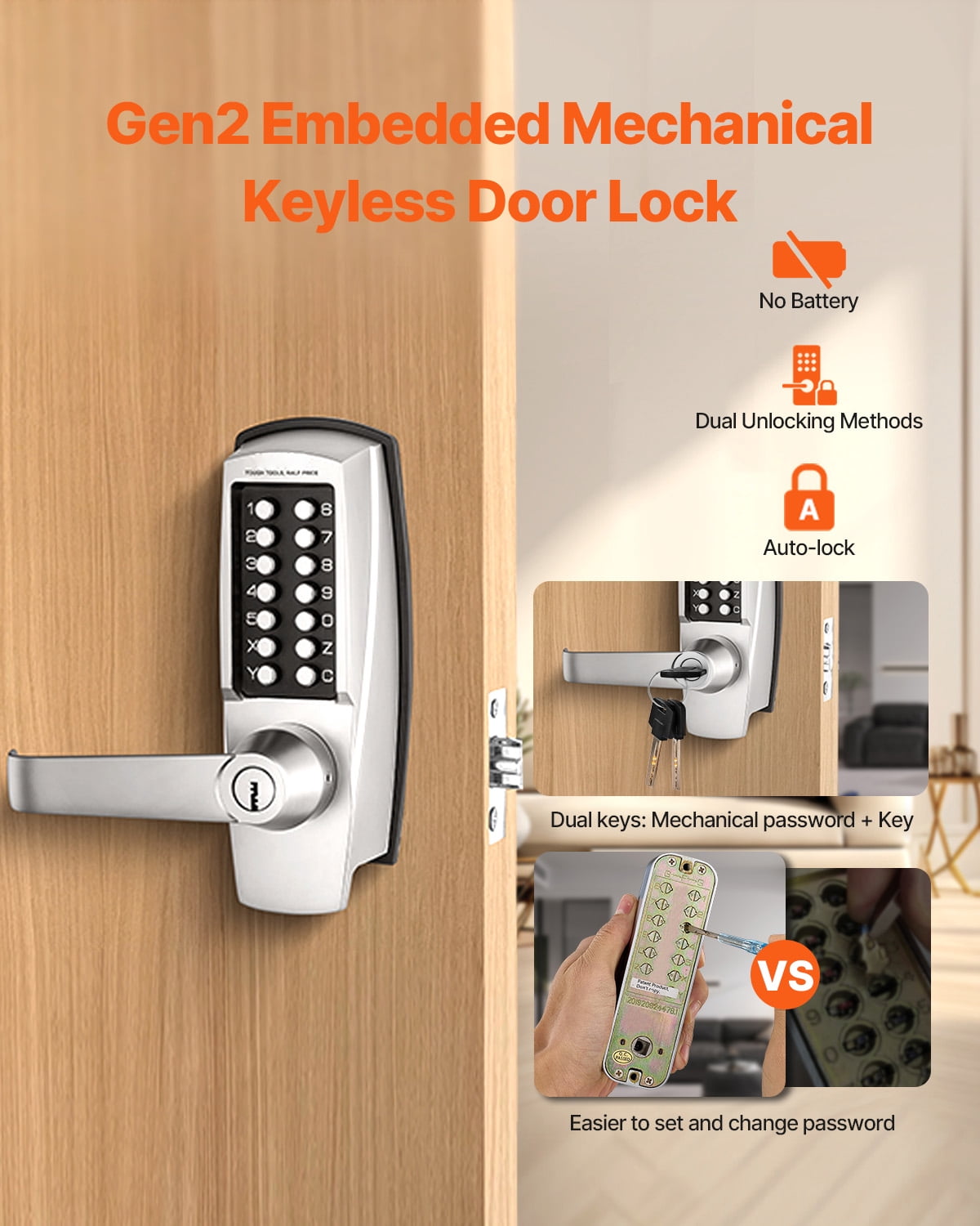 KFFKFF Non-Electronic Secure Entry Door Lock, 14-Key Mechanical Lockset with Key Option, Manual Keyless Door Lock with Handle, Durable Stainless Steel Weather-Resistant Lock for Home Office