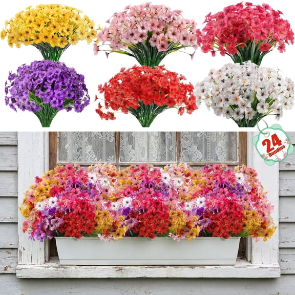 Scidweet 24 Bundles Fake Flowers Outdoor, Artificial Plants Faux Flowers Spring Summer Outside for Home Garden Porch Window Box Decorations, Multicolor