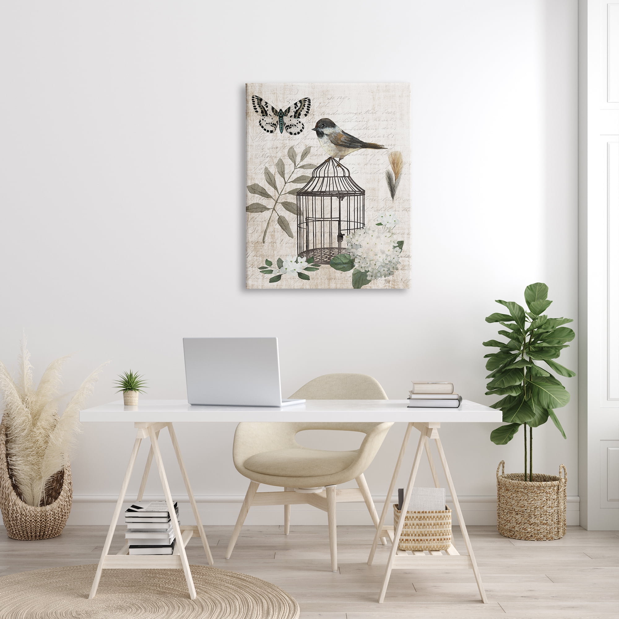 Stupell Industries Botanical Bird Cage Vintage Words Butterfly Motif Graphic Art Gallery Wrapped Canvas Print Wall Art, Design by Nan