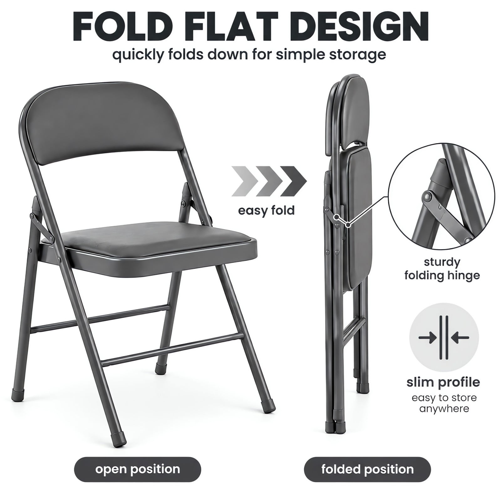 Telyra 2 Pack Folding Chairs Leather Padded Seat and Backrest Foldable Metal Chairs for Indoor Outdoor Use,Grey