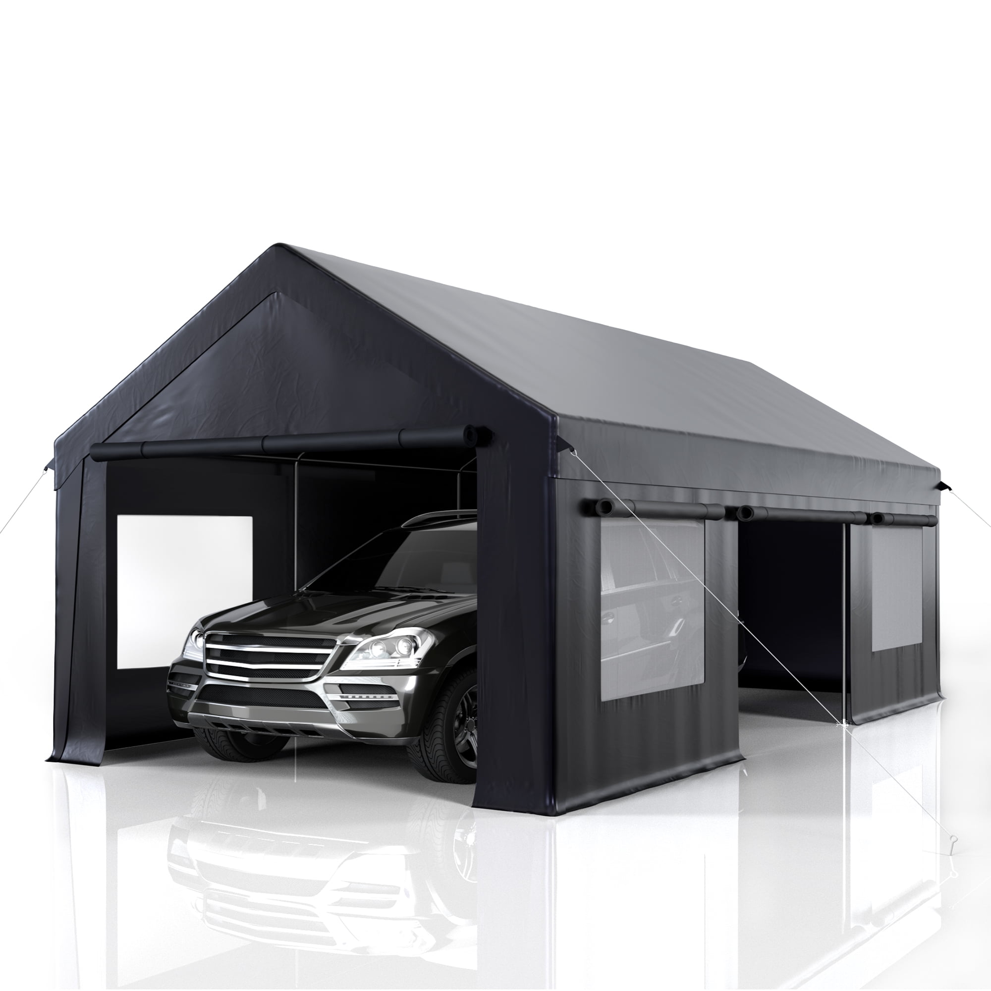 NETAJE 12'x20' Heavy Duty Portable Outdoor Garage Carport with Side-Opening Door, Roll-up Windows, Four-Hole Base for Car, Black