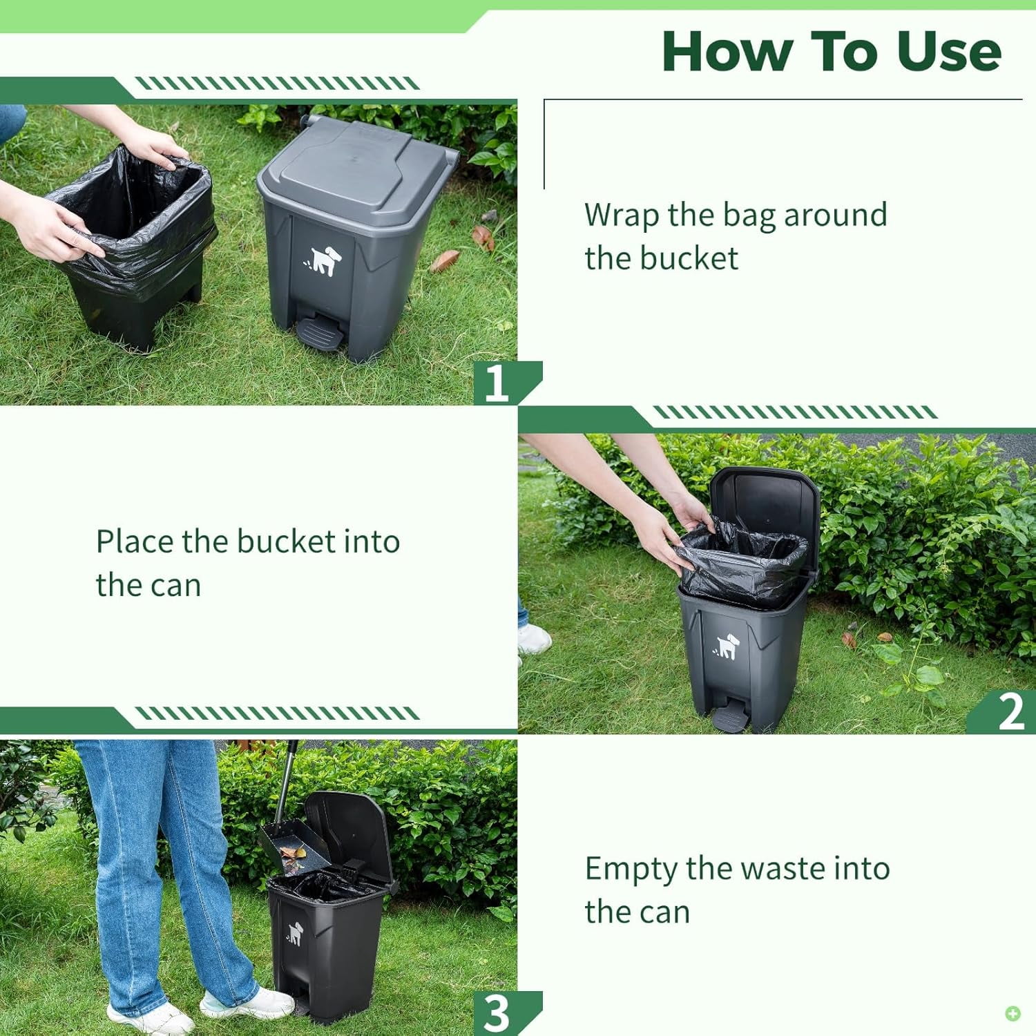Dog Poop Trash Can Outside, 20L Pet Waste Container with Removable Inner Waste Bin, 150 Waste Bags, Outdoor Pet Poop Trash Bin for Small/Large Dog Families