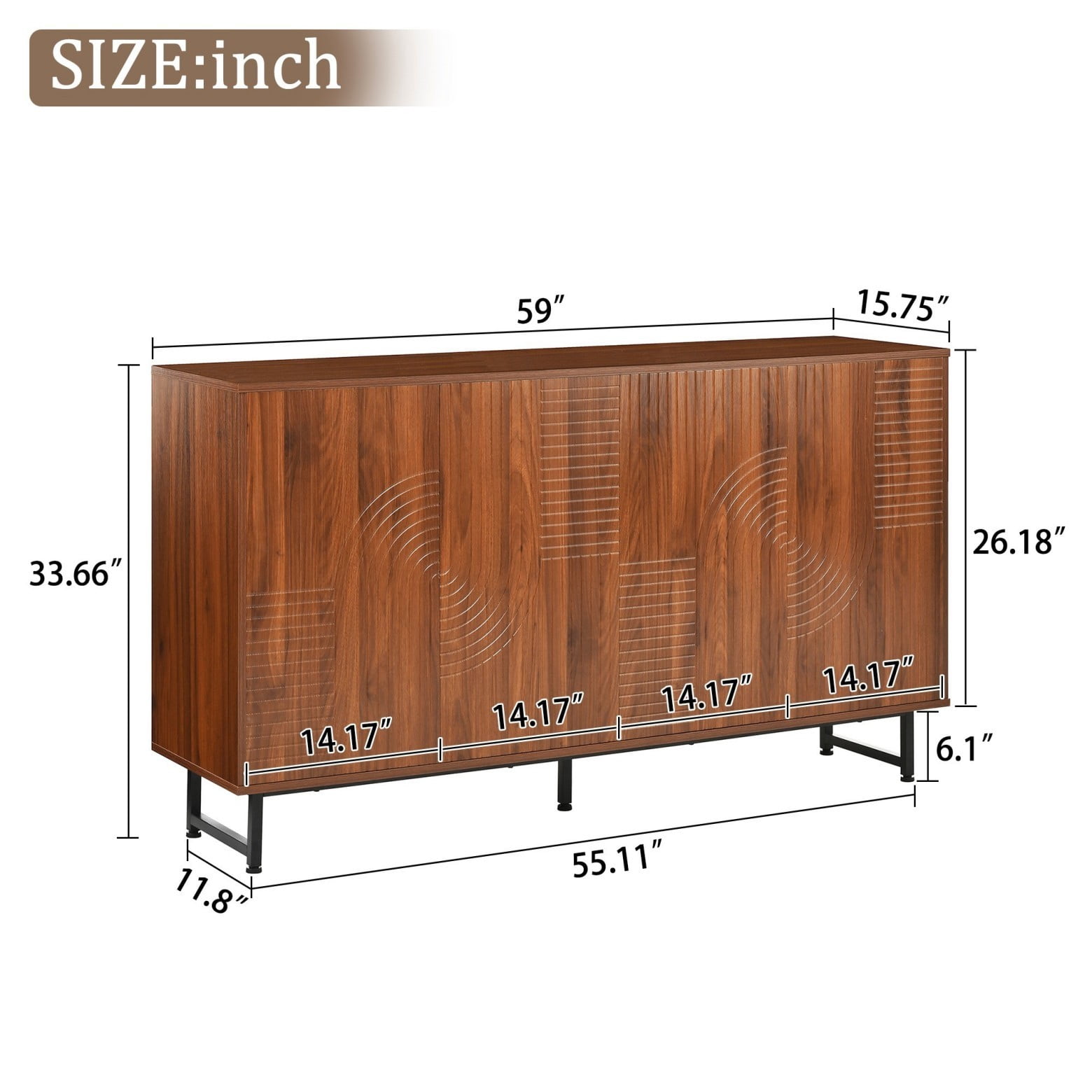 Mid Century Modern Sideboard Cabinet, 59" Walnut Buffet Cabinet with Geometric Carved Doors, Storage Credenza with Metal Legs, Multi-Purpose Cabinet for Living Room Dining Room Entryway