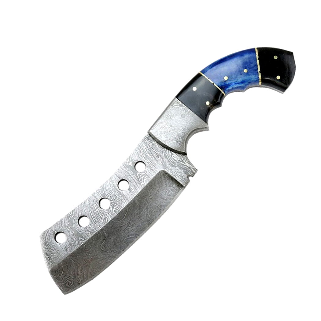 Hunt-Down 9.5' Damascus Blade Black & Blue Horn Handle Hunting Knife with Sheath