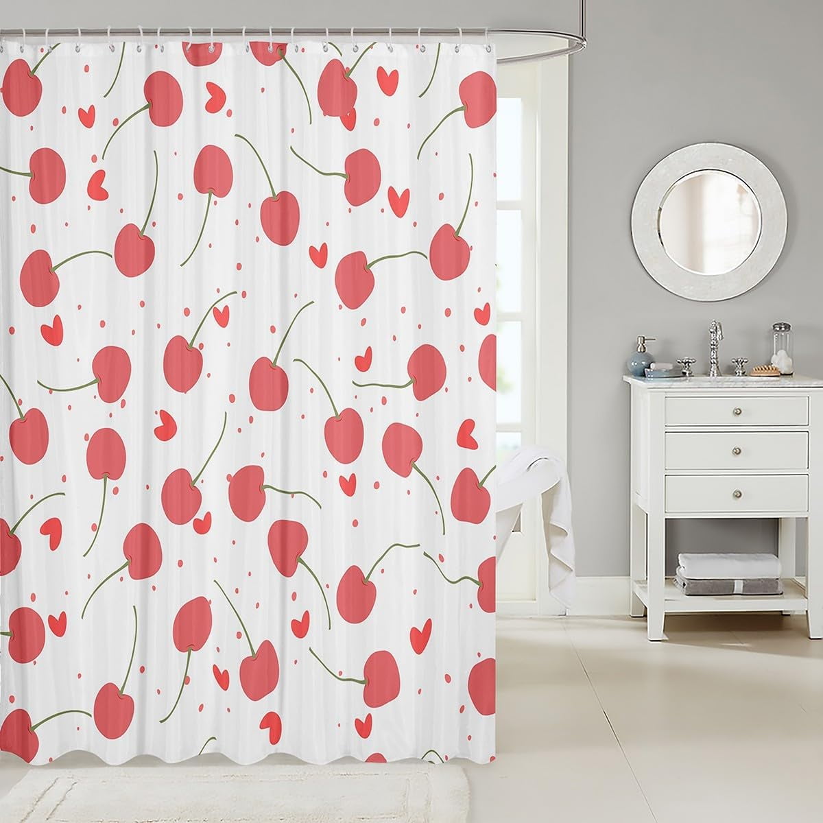 Kids Red Cherry Bath Curtain Cute Fruit Shower Curtain Boys Girls Cherry Pattern Bathroom Shower Curtain Set Kawaii Cartoon Fruit Teens Bathroom Accessories Room Decor 72"x80"