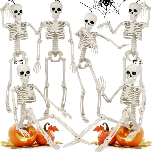 6 PCS Posable Halloween Skeleton Decor 16 Inches, Full Body Posable Joints Hanging Skeletons for Halloween Decorations, Graveyard Props, Haunted House Accessories, Spooky Scene Party Favors