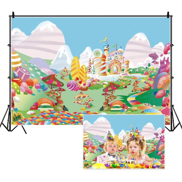 9x6ft Sweet Cartoon Candyland Backdrop Candy House Fairy Tale Castle Photography Background Banner Cake Table