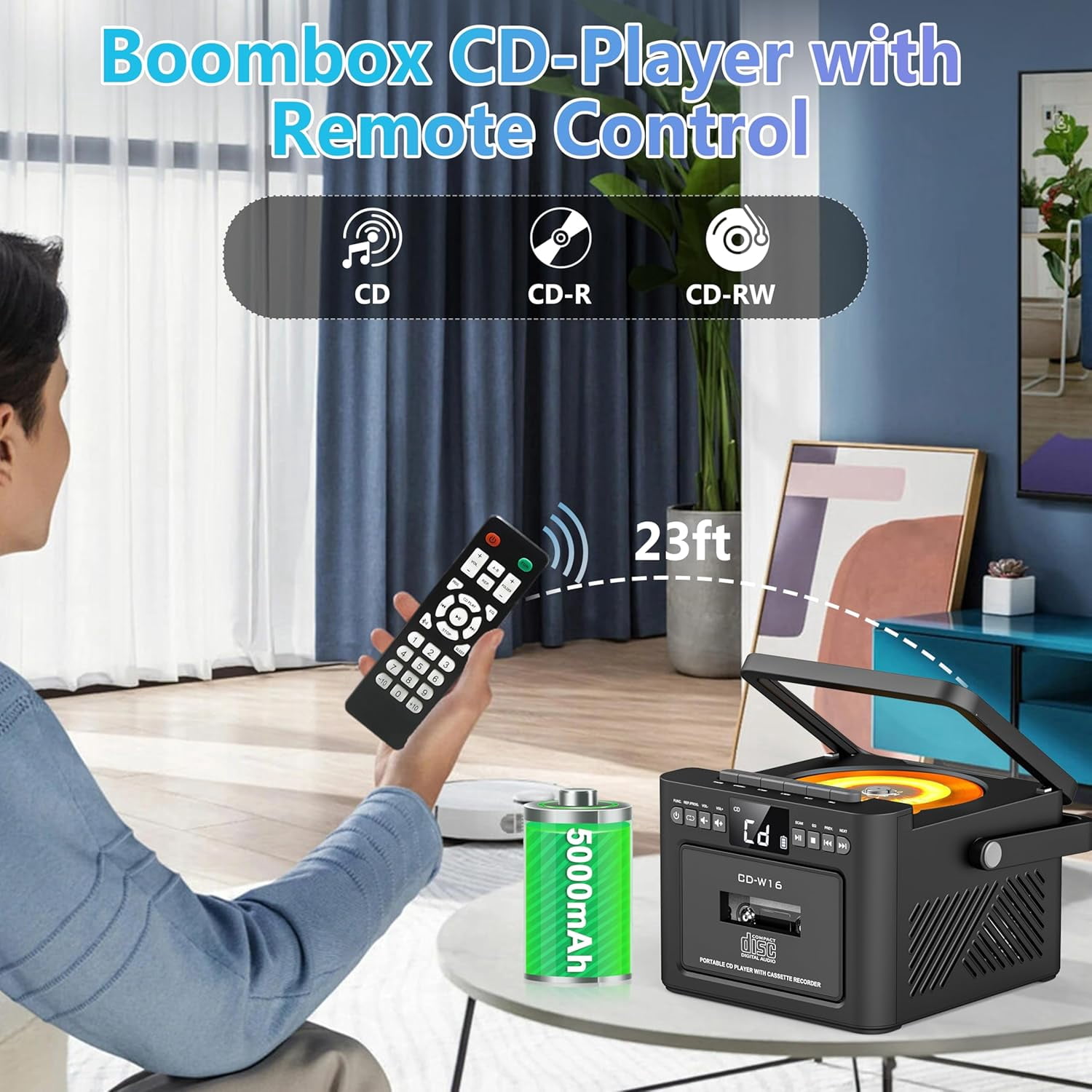 Greadio Bluetooth CD Cassette Boombox Player, Portable Rechargeable CD Player with Type-C Charging Cord & Remote, Black