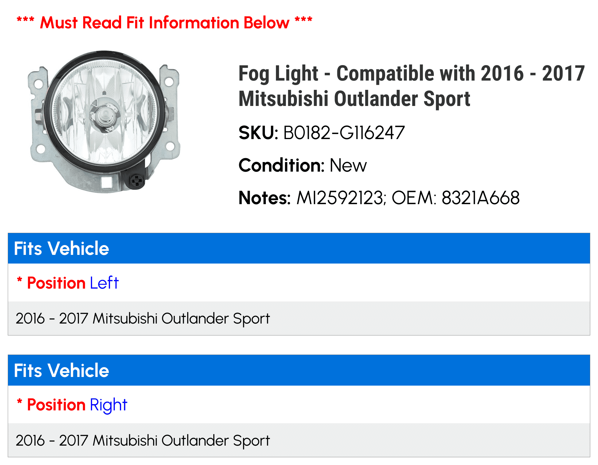 Fog Light - Compatible with 2016 - 2017 Mitsubishi Outlander Sport