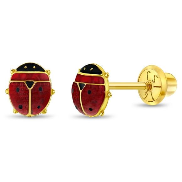 14k Yellow Gold 5mm Red Enamel Ladybug Screw Back Earrings for Infants-Toddlers