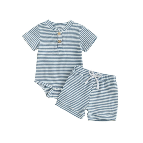 Miaouyo Baby Boy Shorts Set Striped Half Button-up V Neck Short Sleeve Bodysuit Elastic Waist Shorts 2 Piece Summer Outfit