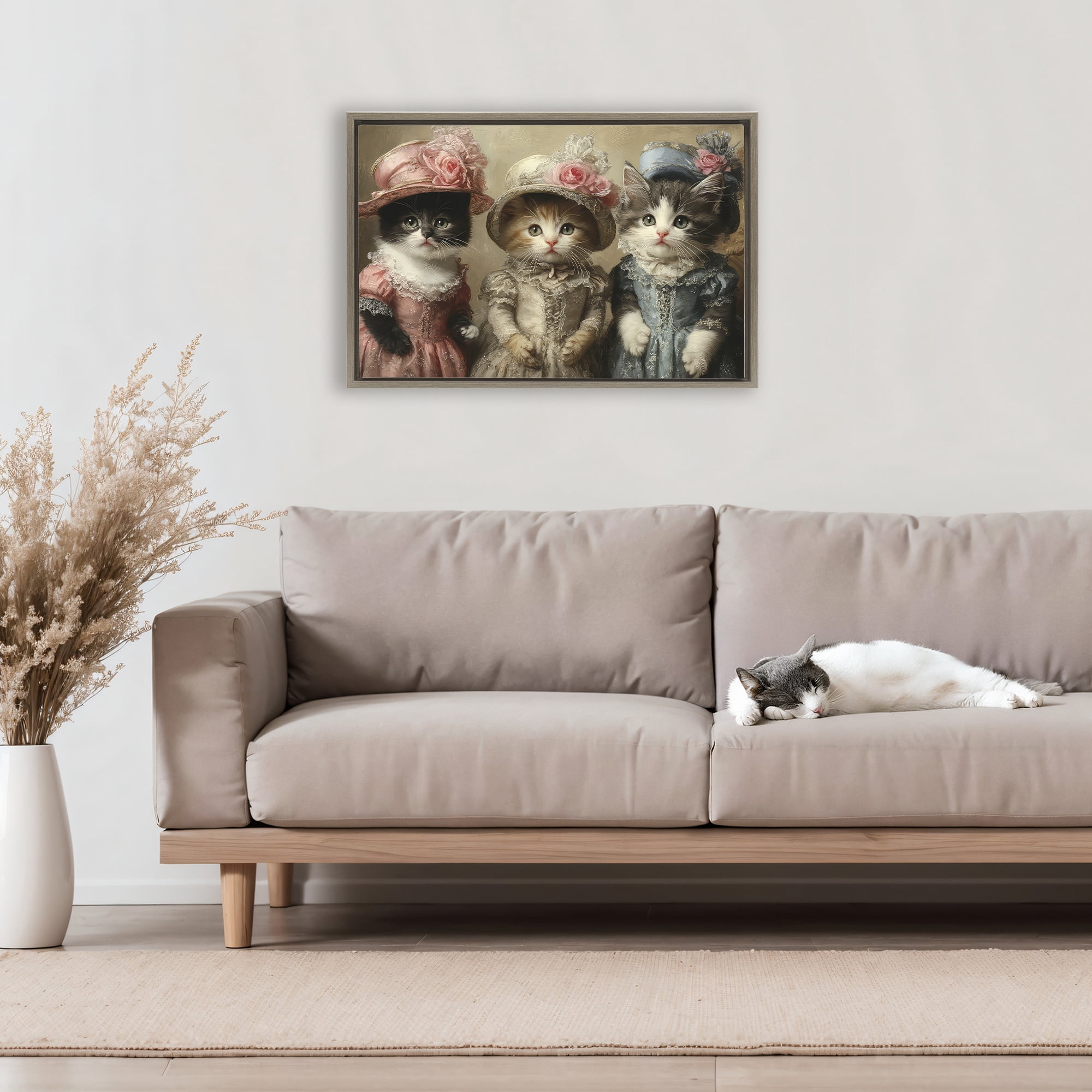 Stupell Industries Vintage Dress Cats Brown Framed Floater Canvas Wall Art, design by The Wands Want