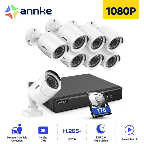 ANNKE 3K Lite Wired Security Camera System with AI Human/Vehicle Detection, H.265  8CH Surveillance DVR with 1TB Hard Drive and 8 x 1080p HD Outdoor CCTV Camera, 100 ft Night Vision, Remote Access