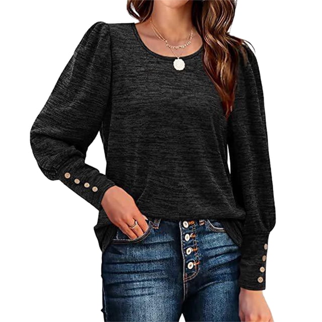 Top de manga larga abombada para mujer, suave, transpirable, suelto, informal, manga abombada, cuello redondo, Top de manga larga para otoño invierno negro S