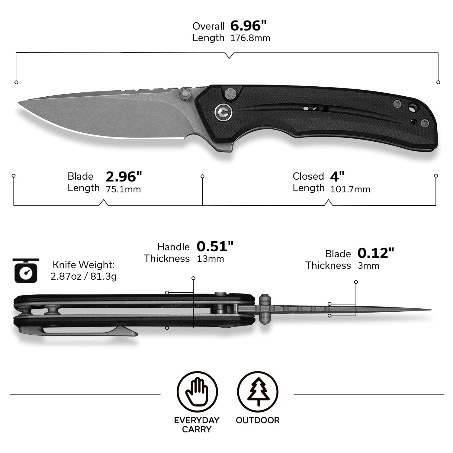 CIVIVI Tarask Pocket Folding Knife, 2.96" Nitro-V Blade G10 Handle, Multitool Knife with Glass Breaker C25023C-1