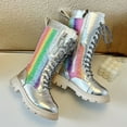 thumbnail image 3 of Girls Lace up Glitter Combat Boots Knee High Winter Warm Plush Lining Chunky Lug Sole Zipper Snow Booties, 3 of 5