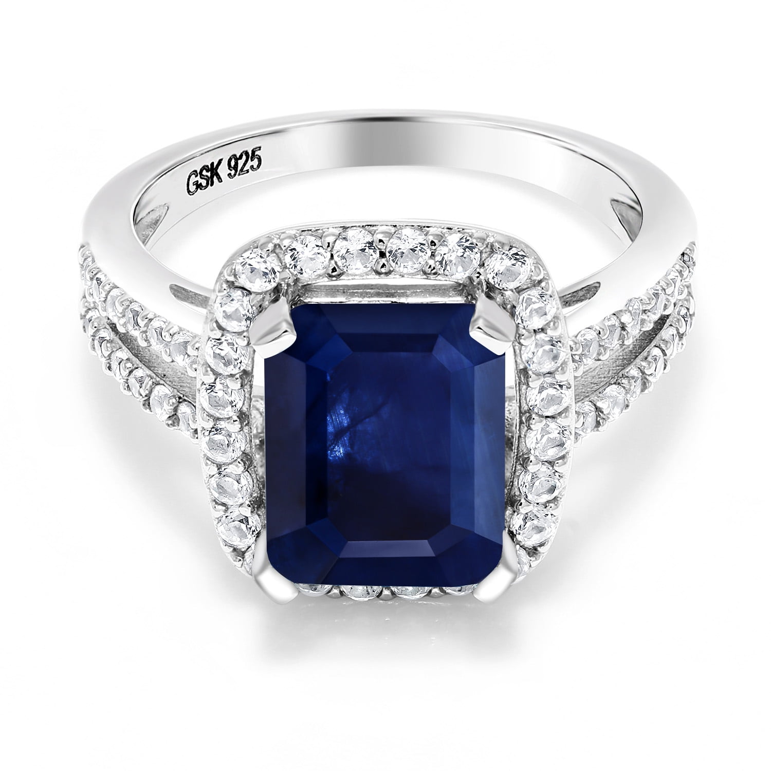 Gem Stone King 4.03 Cttw Blue Sapphire Engagement Ring for Women | 925 Sterling Silver | 10X8MM Emerald Cut | Wedding Engagement Anniversary Promise Ring for Women| Size 6