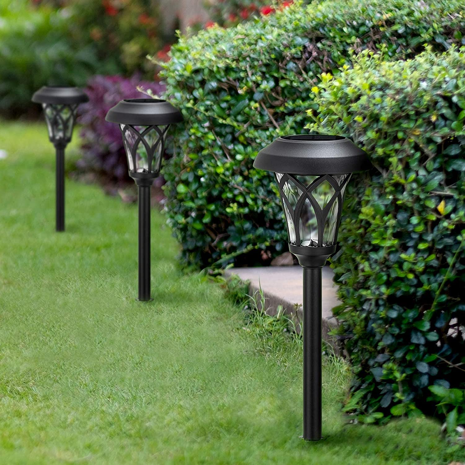 BEAU JARDIN Pack Glass Solar Pathway Landscape Lights LED Stainless Steel  Waterproof Bright Outdoor Garden with Stakes Auto On/Off Sun Powered Warm  White Lighting Walkway Metal Pattern Black BG320