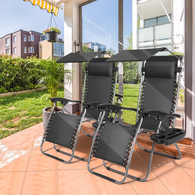 Zimtown Sillón Zero Gravity con Dosel para la Cabeza, Juego de 2 Sillas Reclinables, Negro