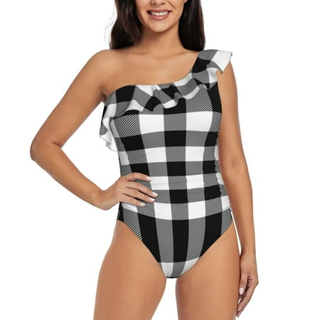 Qokaie White And Black Plaid Print Women s One Piece Swimsuits Tummy Control Bathing Suits Asymmetric One Shoulder Swimwear-Medium