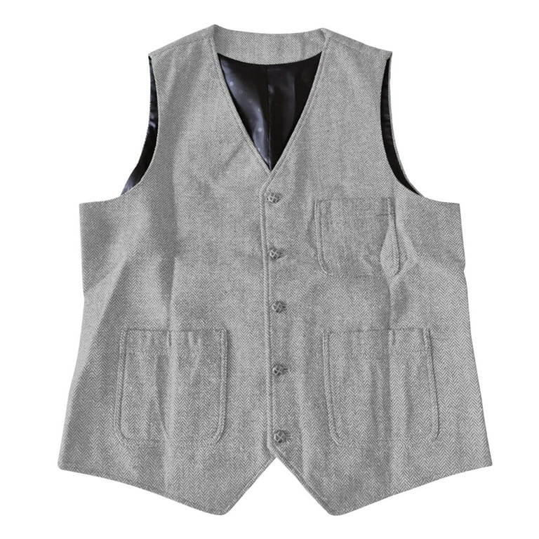 Mens Vintage Wool Suit Vest Button V Neck Herringbone Waistcoat