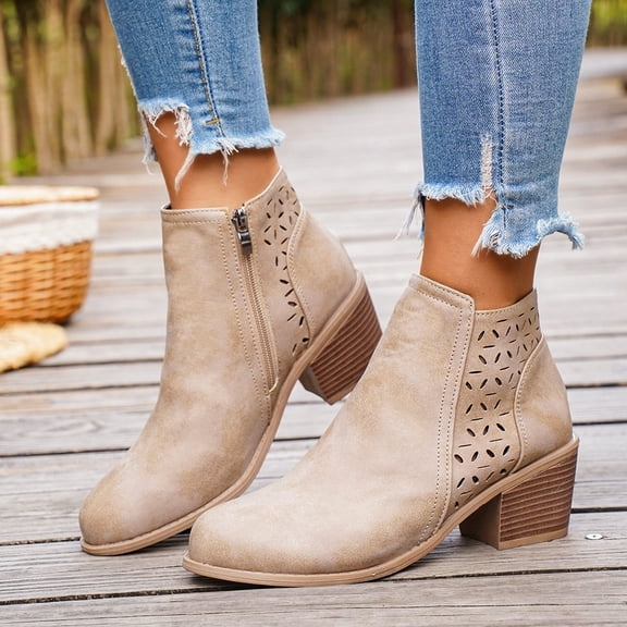Women's Short Ankle Boots Low Heel Western Cutout Perforated Booties